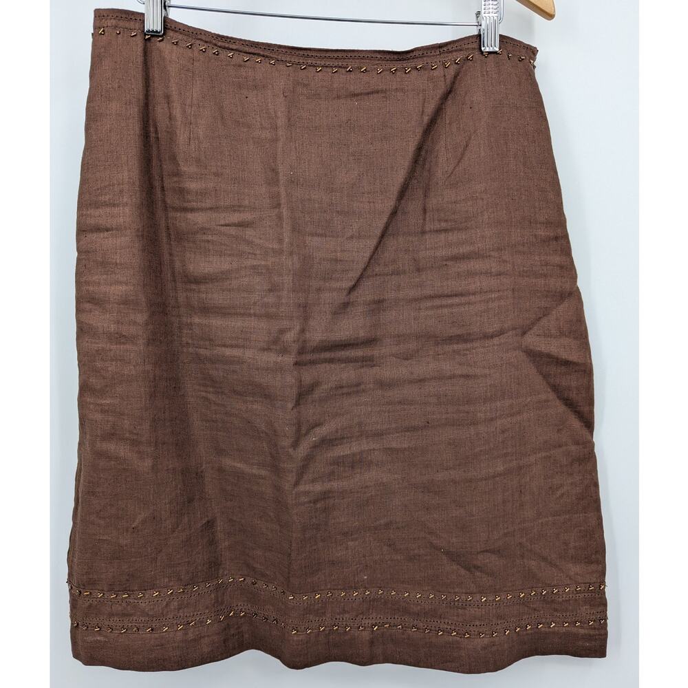 Richard Malcolm Irish Linen Brown Skirt Size 14 Embroidered Hem Boho Casual
